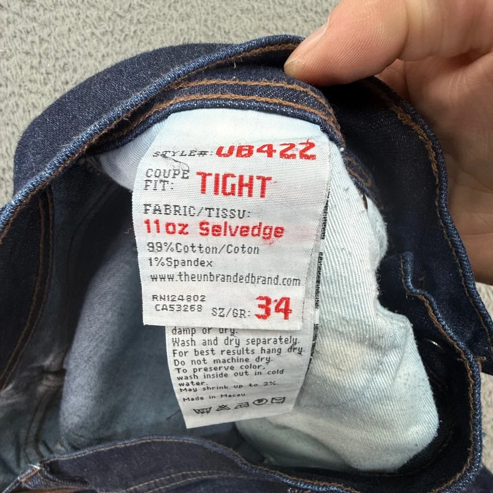 Unbranded Brand UB422 Jeans Mens 34 Blue 11oz‎ Selvedge Tight Fit Stretch Denim